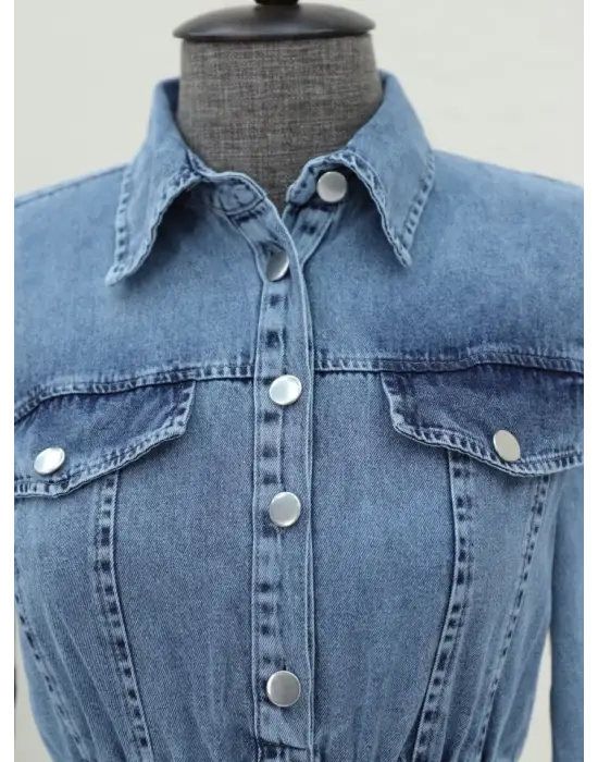 Omarı Yarım Düğmeli Buz Mavi Kot Elbise