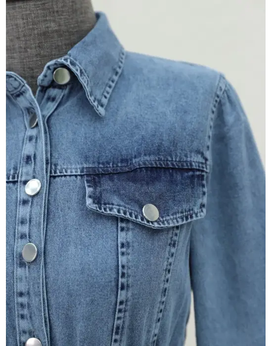 Beli Lastikli Yarım Düğmeli Kot Elbise Buz Mavi