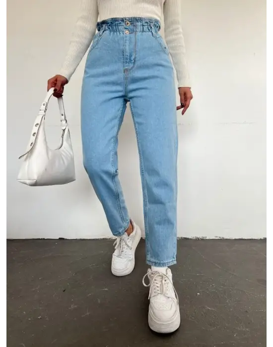 Beli Lastikli Yüksek Bel Kot Pantolon     -Açık Mavi