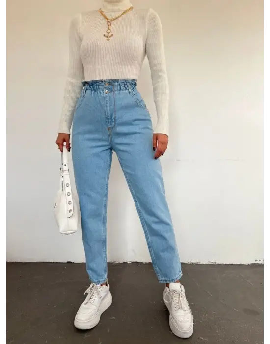 Beli Lastikli Yüksek Bel Kot Pantolon     -Açık Mavi