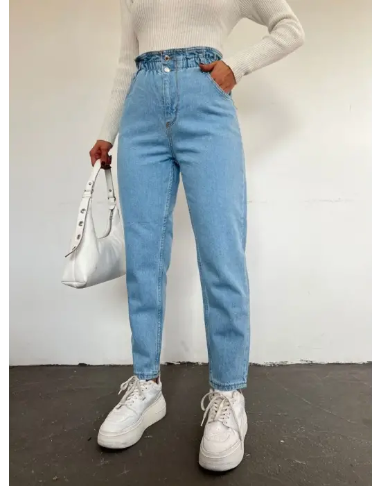 Beli Lastikli Yüksek Bel Kot Pantolon     -Açık Mavi