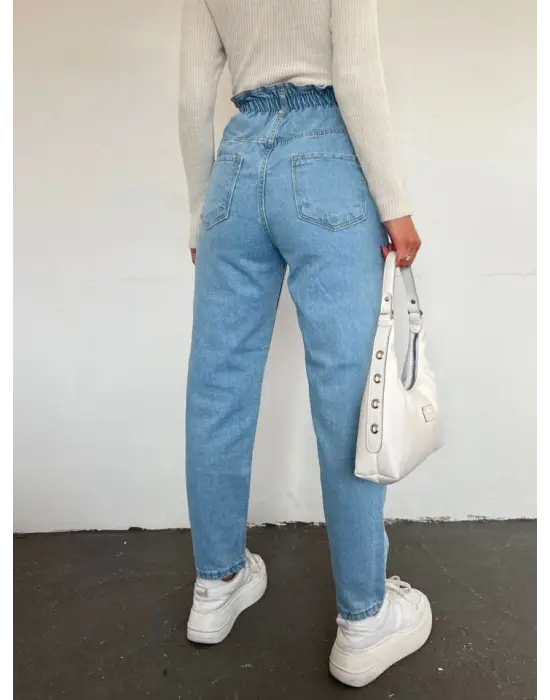 Beli Lastikli Yüksek Bel Kot Pantolon     -Açık Mavi