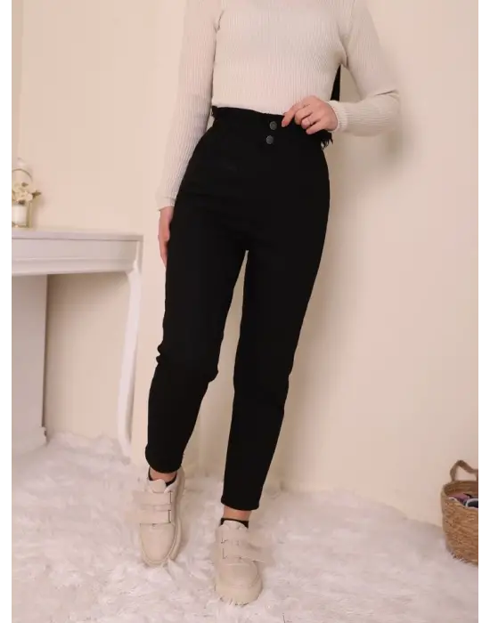 Beli Lastikli Yüksek Bel Kot Pantolon  -Siyah