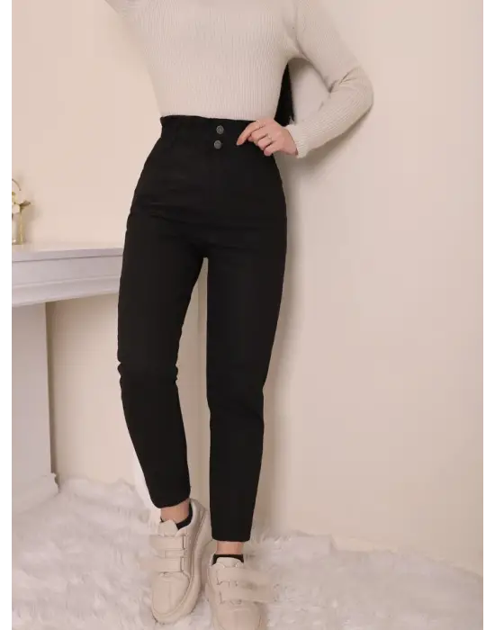 Beli Lastikli Yüksek Bel Kot Pantolon  -Siyah