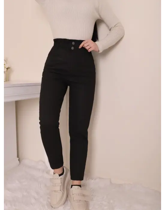 Omarı Yüksek Bel Kot Pantolon - Siyah