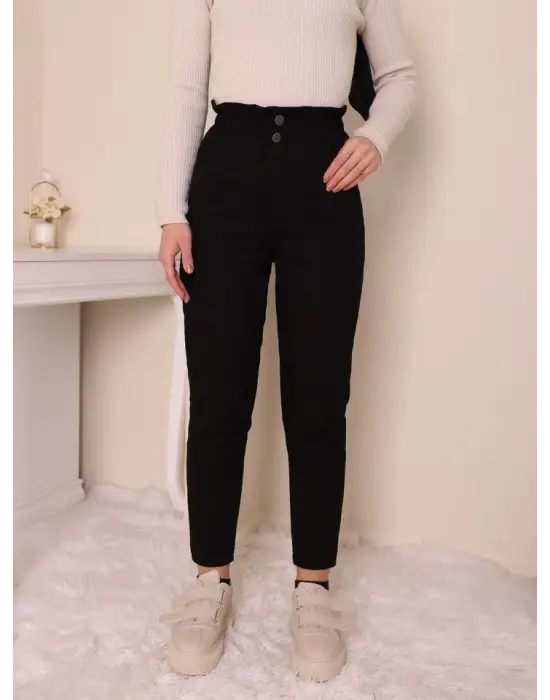 Beli Lastikli Yüksek Bel Kot Pantolon  -Siyah
