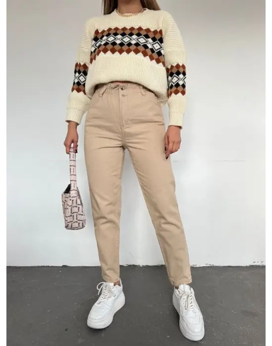 Beli Lastikli Yüksek Bel Kot Pantolon -Vizon