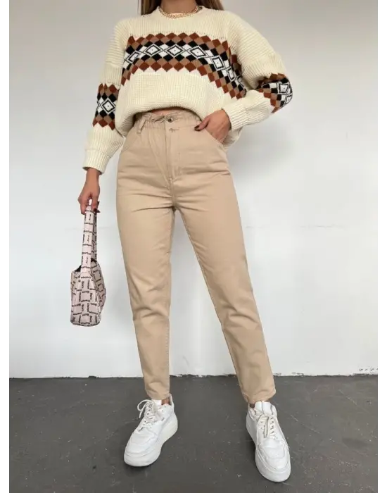 Beli Lastikli Yüksek Bel Kot Pantolon -Vizon