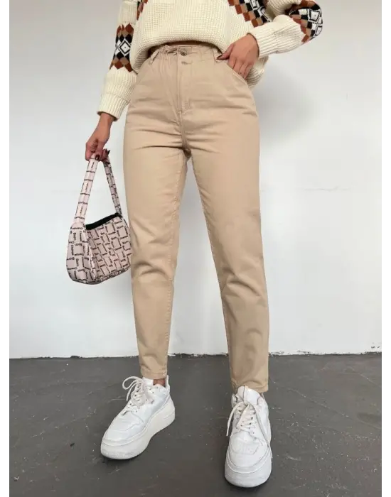 Beli Lastikli Yüksek Bel Kot Pantolon -Vizon