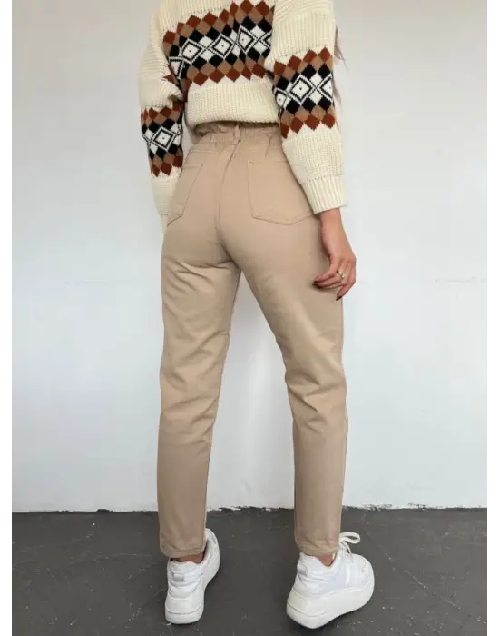 Beli Lastikli Yüksek Bel Kot Pantolon -Vizon