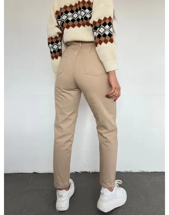 Omarı Yüksek Bel Kot Pantolon - Vizon Trendi