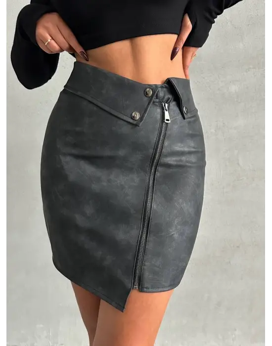 Omarı “Fermuarlı Eskitme Deri Etek - Omarı Modası”
