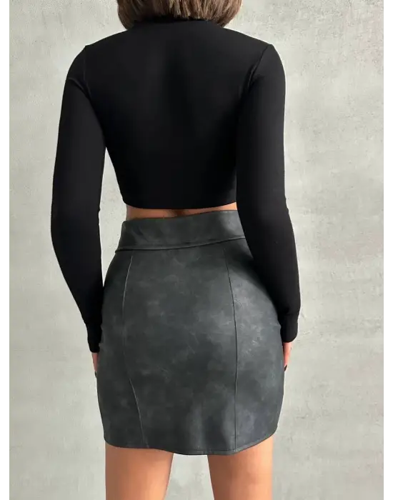 Omarı “Fermuarlı Eskitme Deri Etek - Omarı Modası”