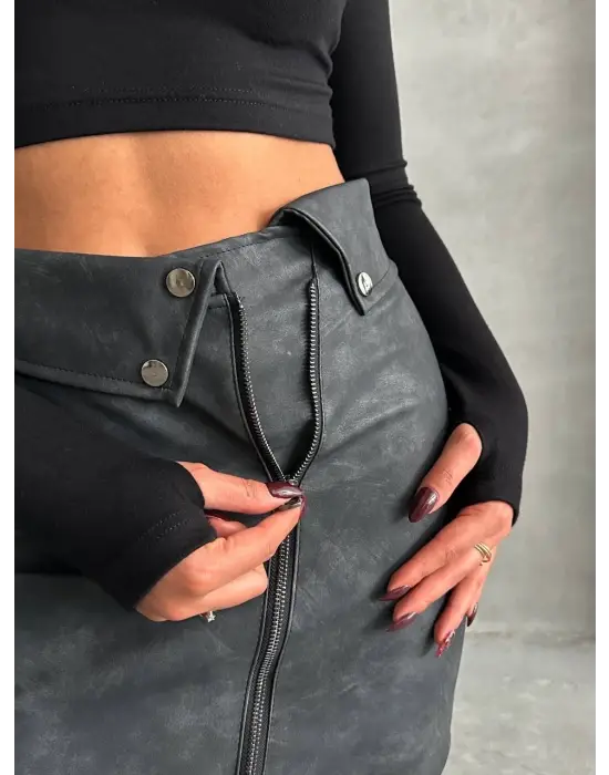 Omarı “Fermuarlı Eskitme Deri Etek - Omarı Modası”