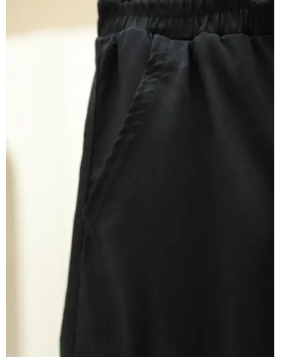 Beli Ve Paçası Lastikli Bağcıklı Kargo Kot Pantolon -Siyah