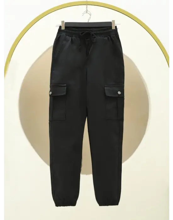 Beli Ve Paçası Lastikli Bağcıklı Kargo Kot Pantolon -Siyah