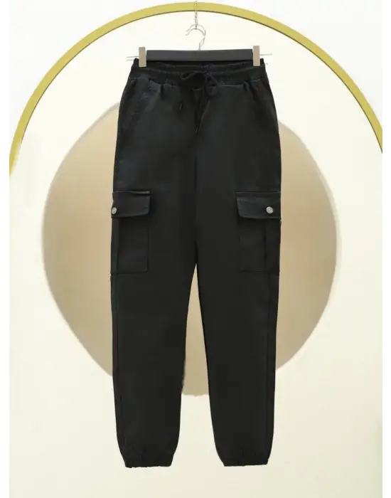 Omarı Lastikli Bağcıklı Kargo Pantolon - Siyah
