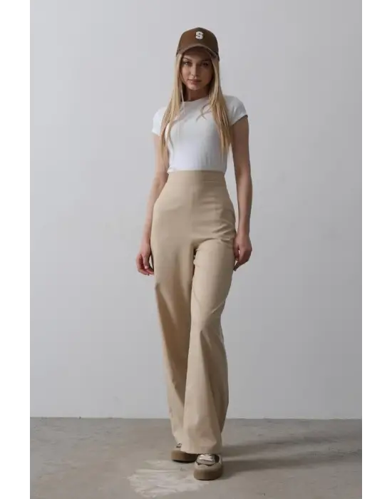 Beli Yarım Lastikli Palazzo Pantolon - Camel