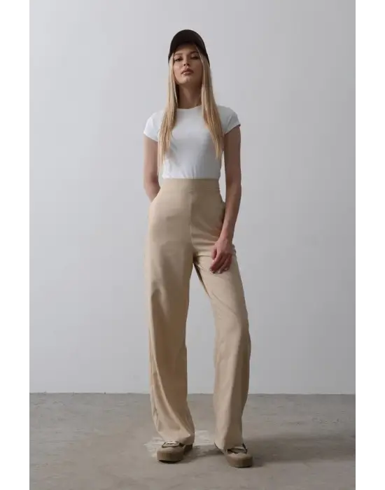 Beli Yarım Lastikli Palazzo Pantolon - Camel