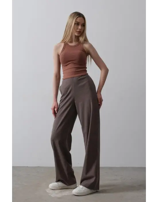 Beli Yarım Lastikli Palazzo Pantolon - Kahve
