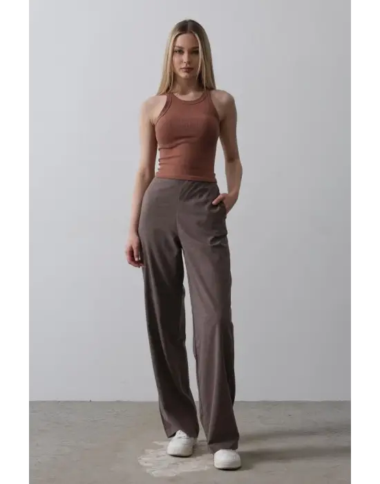 Beli Yarım Lastikli Palazzo Pantolon - Kahve