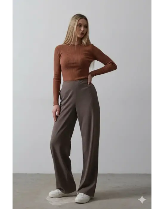 Beli Yarım Lastikli Palazzo Pantolon - Kahve