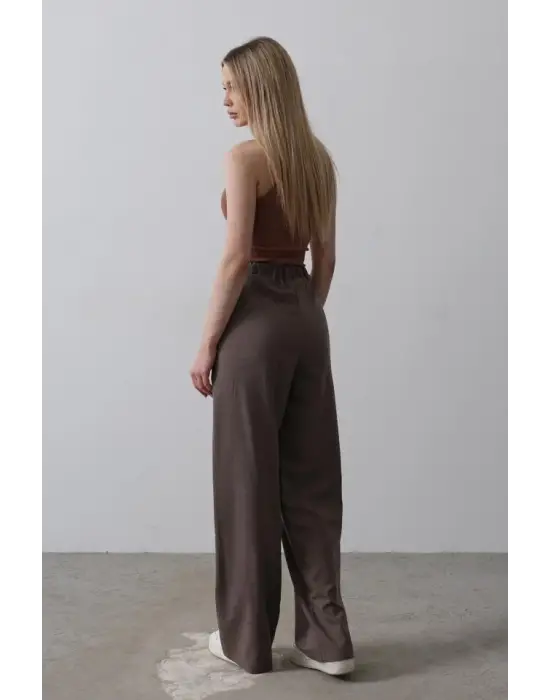 Beli Yarım Lastikli Palazzo Pantolon - Kahve