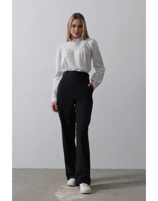 Omarı Yüksek Bel Lastikli Palazzo Pantolon - Lacivert