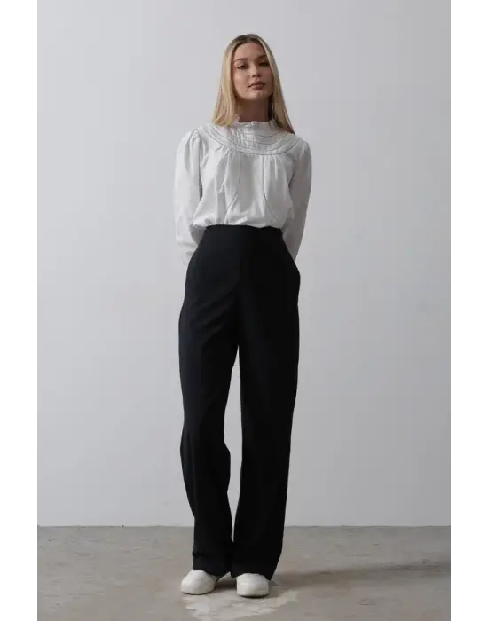 Omarı Yüksek Bel Lastikli Palazzo Pantolon - Lacivert