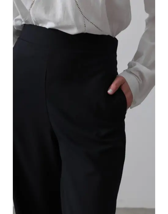 Omarı Yüksek Bel Lastikli Palazzo Pantolon - Lacivert