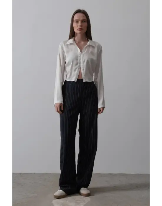 Omarı Yarım Lastikli Palazzo Pantolon - Lacivert-Beyaz