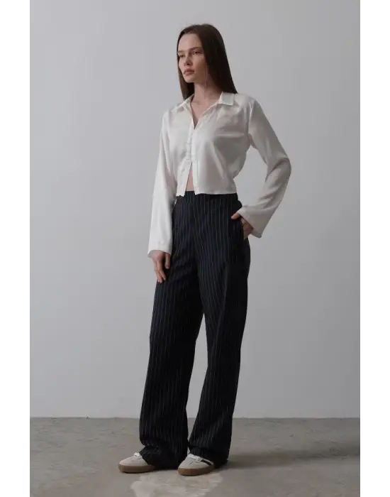 Omarı Yarım Lastikli Palazzo Pantolon - Lacivert-Beyaz