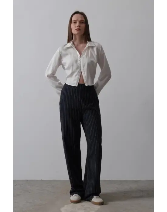 Omarı Yarım Lastikli Palazzo Pantolon - Lacivert-Beyaz