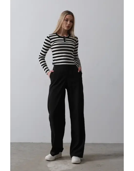 Omarı Yüksek Bel Palazzo Pantolon - Siyah