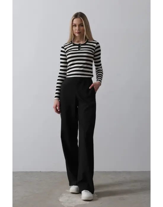 Omarı Yüksek Bel Palazzo Pantolon - Siyah