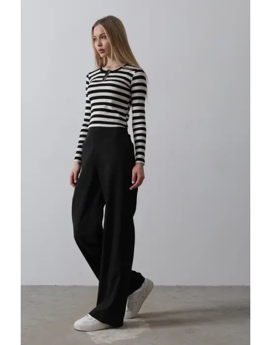 Omarı Yüksek Bel Palazzo Pantolon - Siyah