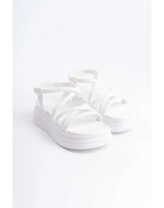 Modern Şerit Detaylı Rahat Tabanlı Beyaz Sandalet