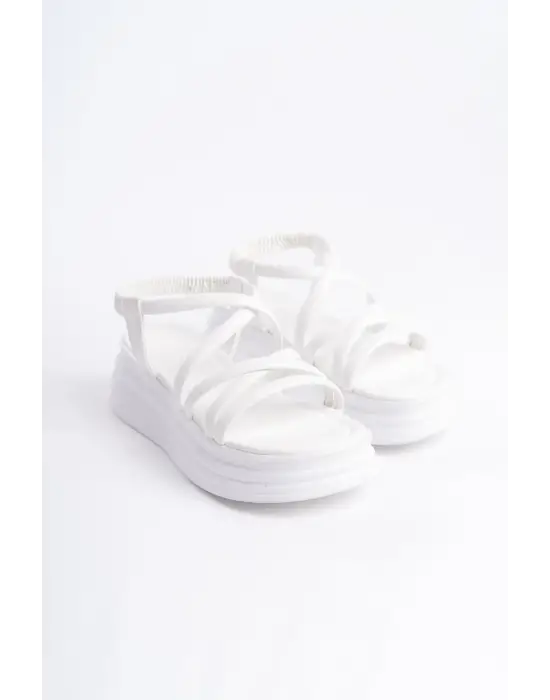 BELLA Lastikli Şerit Detaylı Rahat tabanlı ayakkabı Tabaan Bayan Sandalet CBT - Beyaz