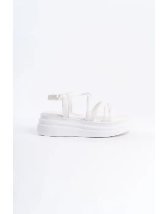 Modern Şerit Detaylı Rahat Tabanlı Beyaz Sandalet