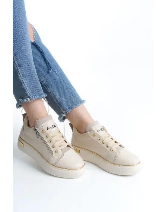 Trend Spor Ayakkabı - Krem/Altın