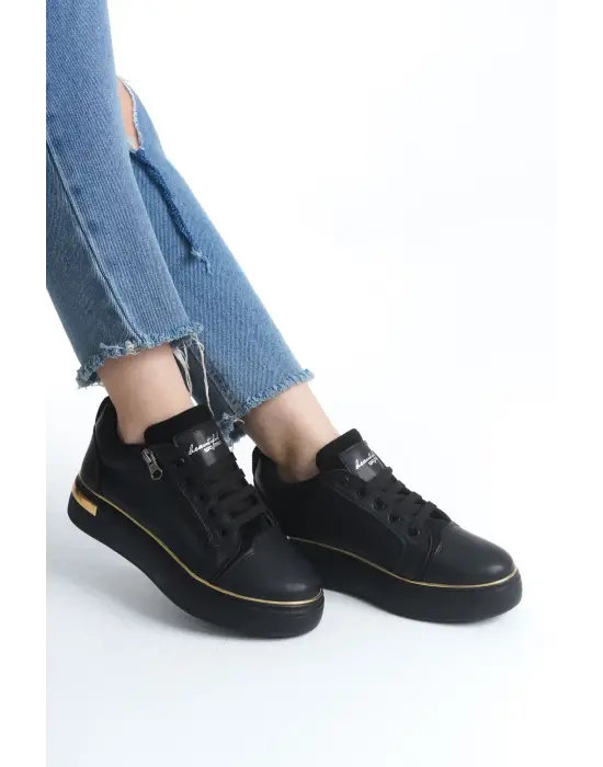 Benorra Bağcıklı Fermuarlı Rahat tabanlı ayakkabı Tabaan Bayan Spor tabanlı ayakkabı Spor Ayakkabı  CGünlük Şık - Siyah/Altın