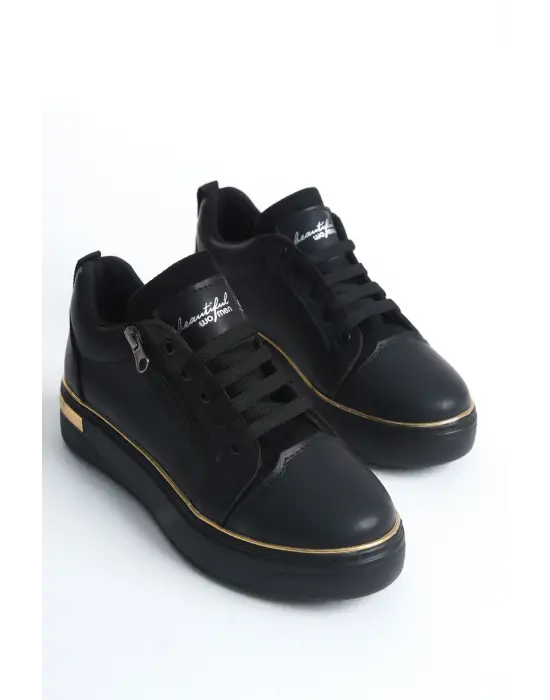 Benorra Bağcıklı Fermuarlı Rahat tabanlı ayakkabı Tabaan Bayan Spor tabanlı ayakkabı Spor Ayakkabı  CGünlük Şık - Siyah/Altın