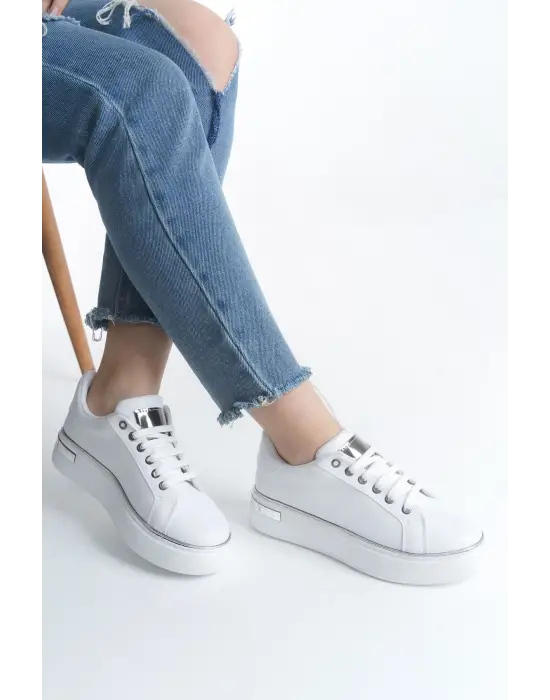 Benorra Bağcıklı Rahat tabanlı ayakkabı Tabaan Bayan Spor tabanlı ayakkabı Spor Ayakkabı  CBT - Beyaz/Gümüş