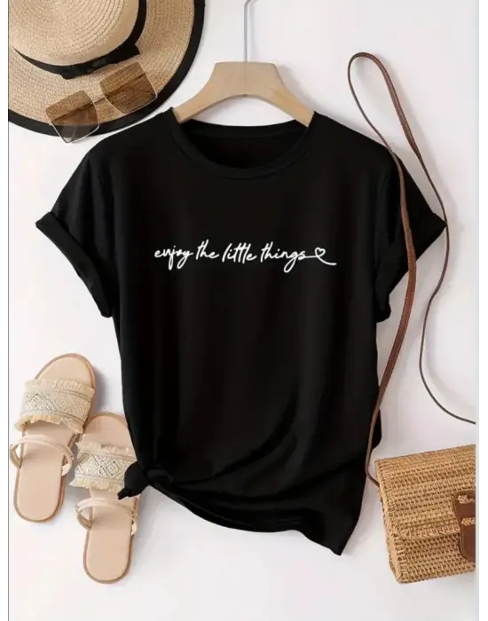 Omarı Yazı Baskılı Kısa Kollu Kadın Basic Bluz