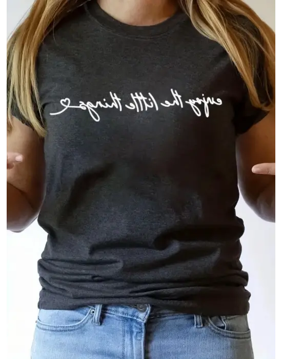 Omarı Yazı Baskılı Kısa Kollu Kadın Basic Bluz