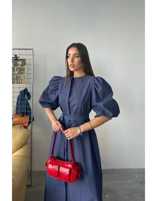 Omarı İndigo Renkli Karpuz Desenli Kol Elbise