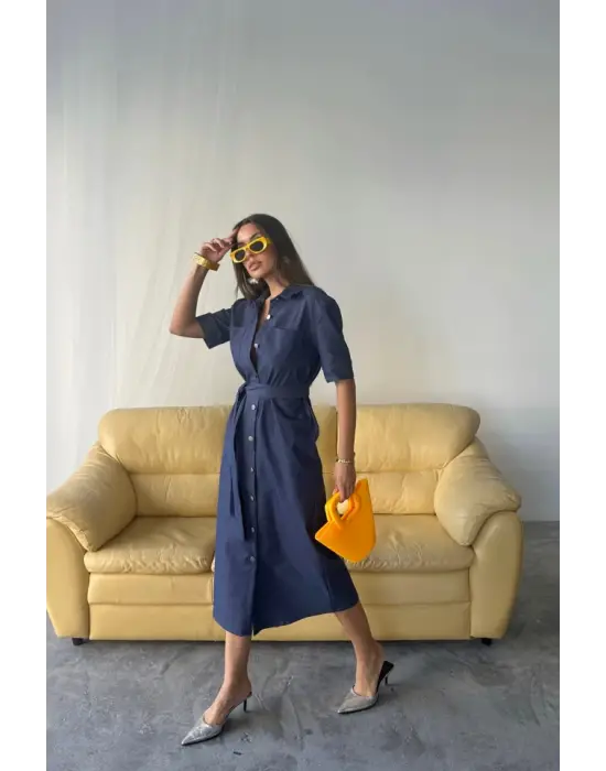 Benorra ÖNDEN DÜĞMELİ KISA KOL ELBİSE - Mavi