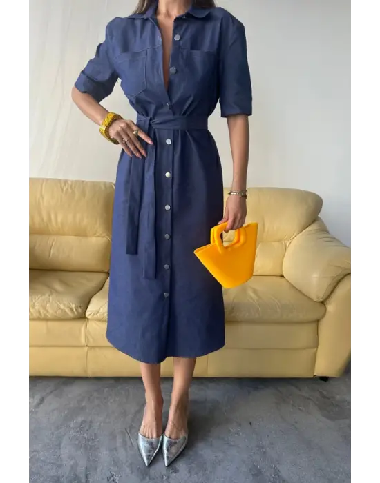 Benorra ÖNDEN DÜĞMELİ KISA KOL ELBİSE - Mavi