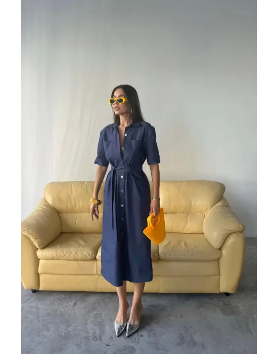 Benorra ÖNDEN DÜĞMELİ KISA KOL ELBİSE - Mavi