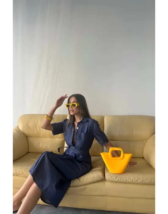 Benorra ÖNDEN DÜĞMELİ KISA KOL ELBİSE - Mavi